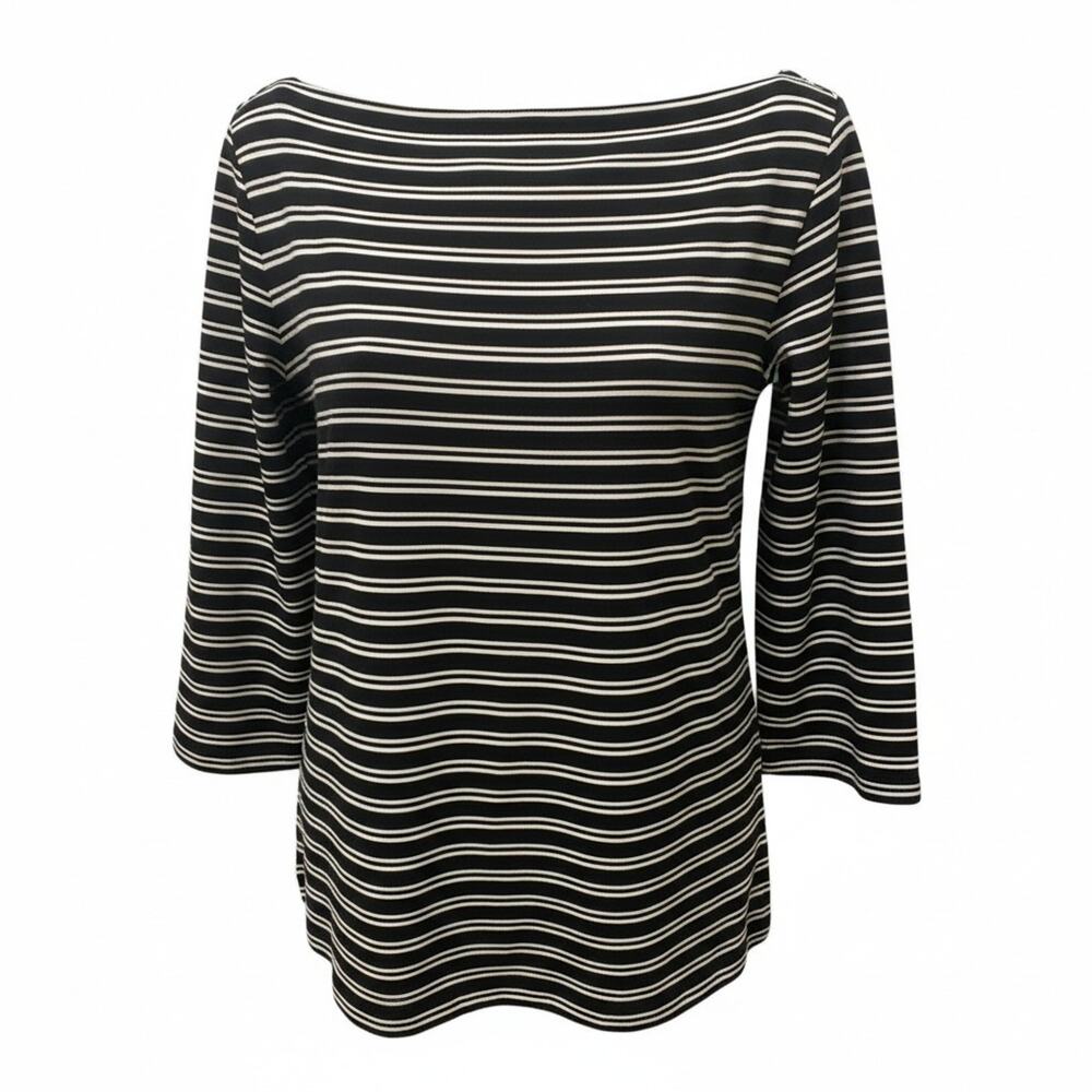 St. John Black White Striped Knit Top Large USA Nautical Coastal Preppy